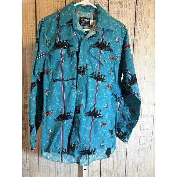 Vintage Wrangler Shirt Button Up Tepee Arrowhead Western Size 15 - 33 Long Sleev - Picture 1 of 6
